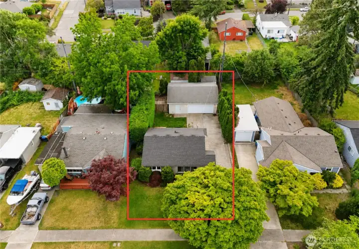 Aerial Overview of Home, Yard, and Garage