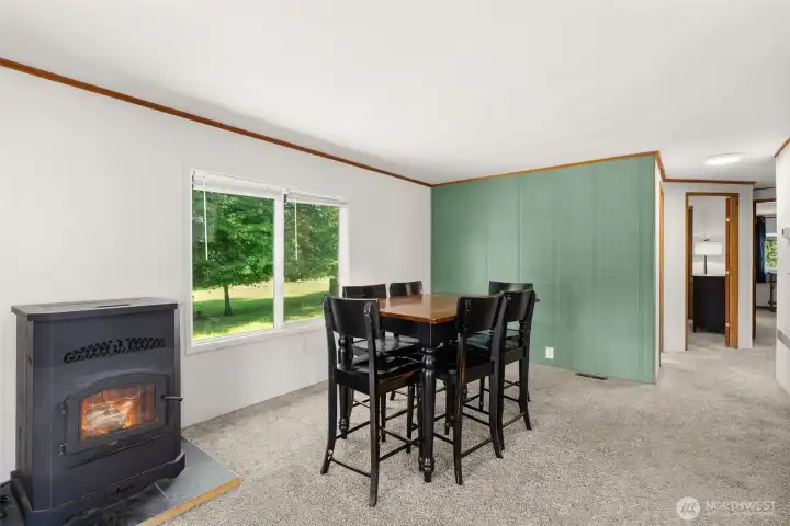 Dining area with cozy pellet stove