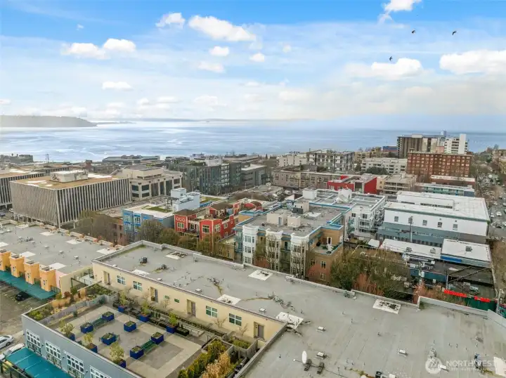 Building rooftop deck with Elliott Bay in the background.