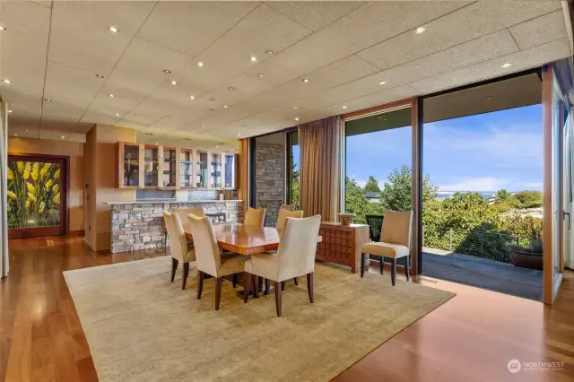 Dining room with doors open.