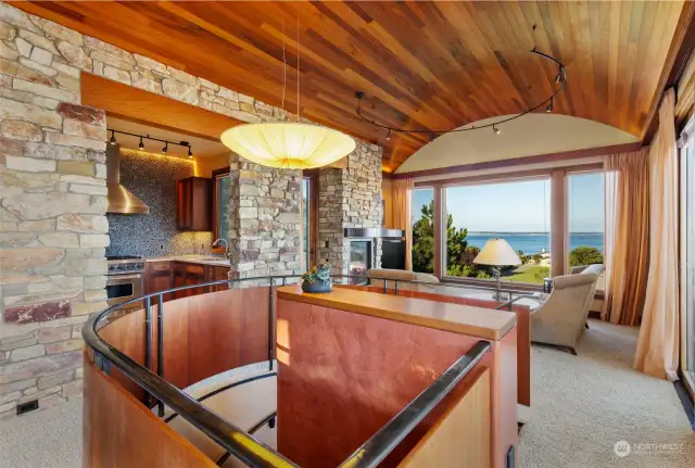 Top floor of the tower.  Full kitchen to the left, sitting area facing the view.  Dining area behind photo.