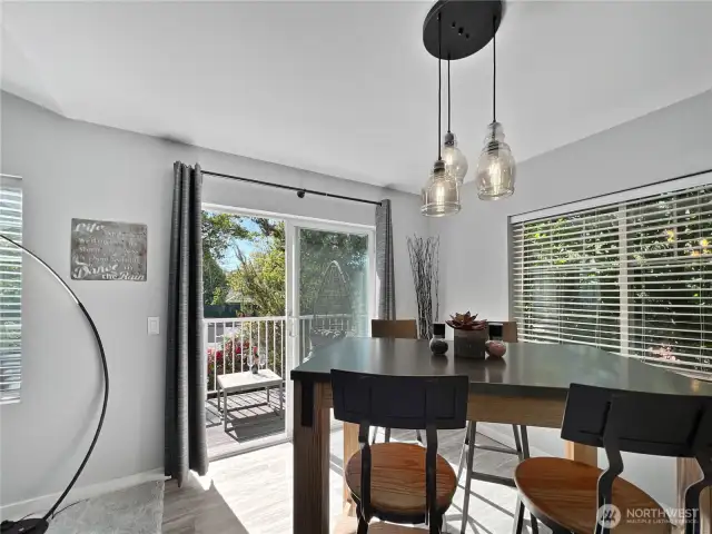 The patio is located steps to the kitchen and eating area.
