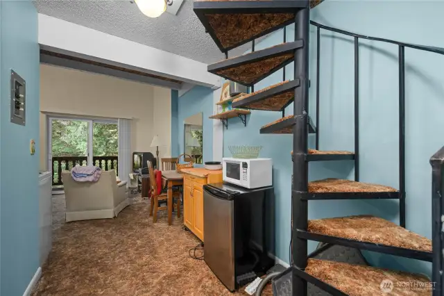 Front door opens to bathroom on your left and spiral staircase on the right
