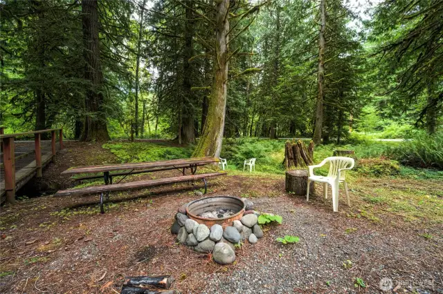 Outdoor area has fire pit and seating area for gatherings