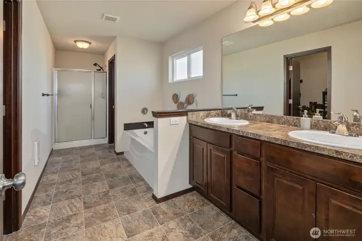 Large en-suite bath with double sinks and plenty of storage