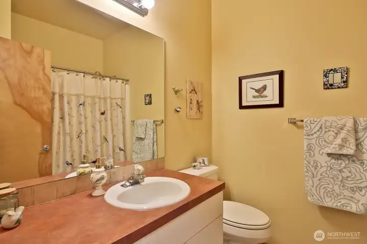 Full guest bath has a tub.