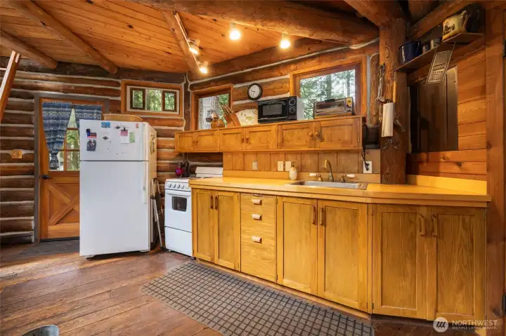 Kitchen has full-size refirgerator and electric range.