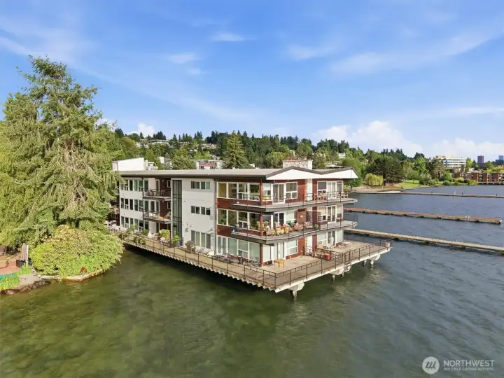 Exterior view of the complex over lake washington