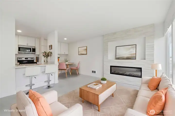 Virtually staged photo of living room with fireplace