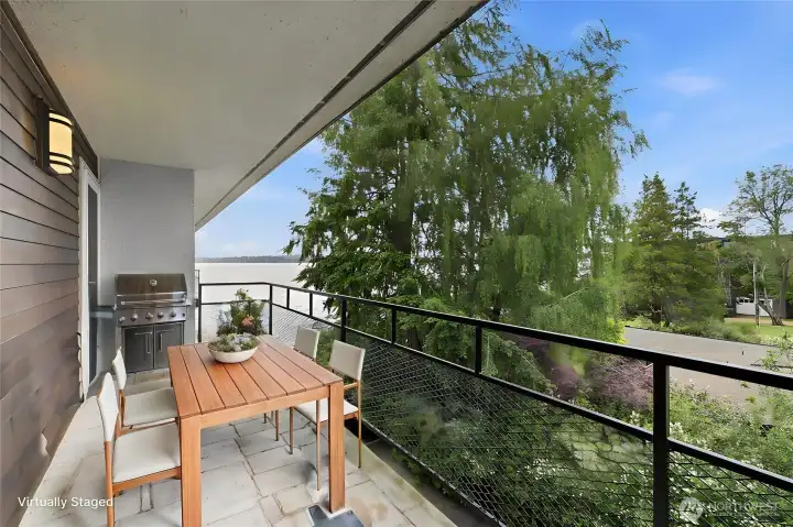 Unit 307 balcony overlooking Lake Washington.  Virtually staged