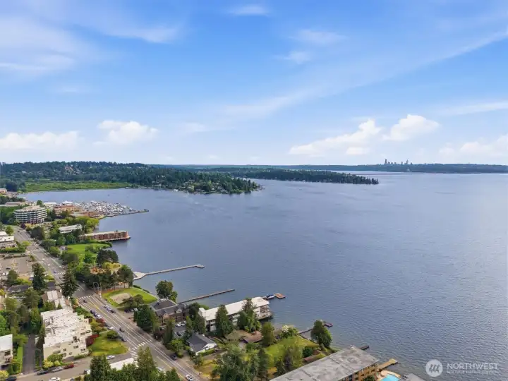 View of Seattle in the background showing the complex over Lake Washington