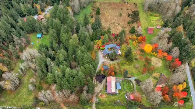 Drone footage of property partially treed.