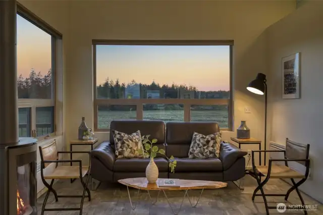 Evening glow transforms the living space into a peaceful retreat.