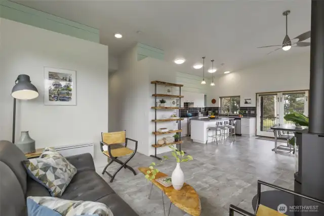 Serene living space with vaulted ceilings.