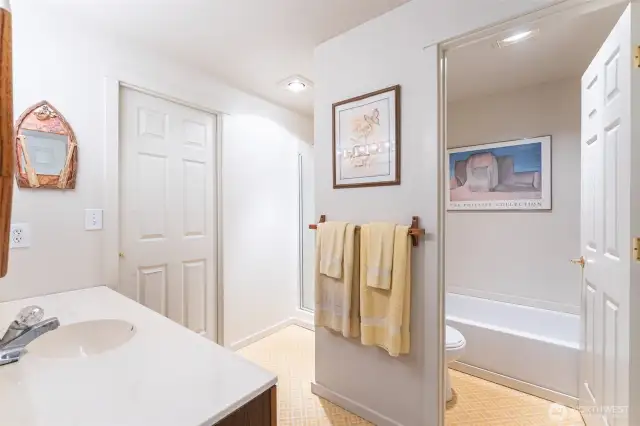 Full sized tub, large vanity.