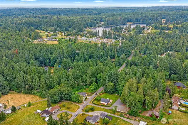 Expansive aerial view showcasing the property's serene wooded surroundings and proximity to nearby lakes and residential communities