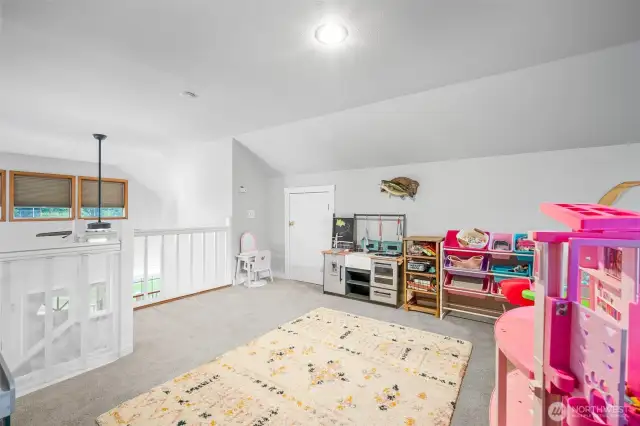 Expansive upstairs loft filled with natural light, cozy carpet, and plenty of space for your own imaginative fun.