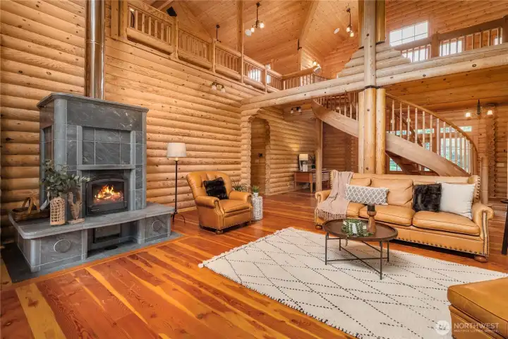 Living room with wood burning fireplace (Tulikivi fireplace )