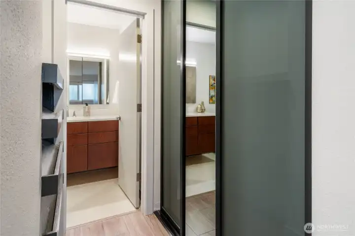 Second Closet looking into Primary Bathroom. Shoe Rack Located on Left