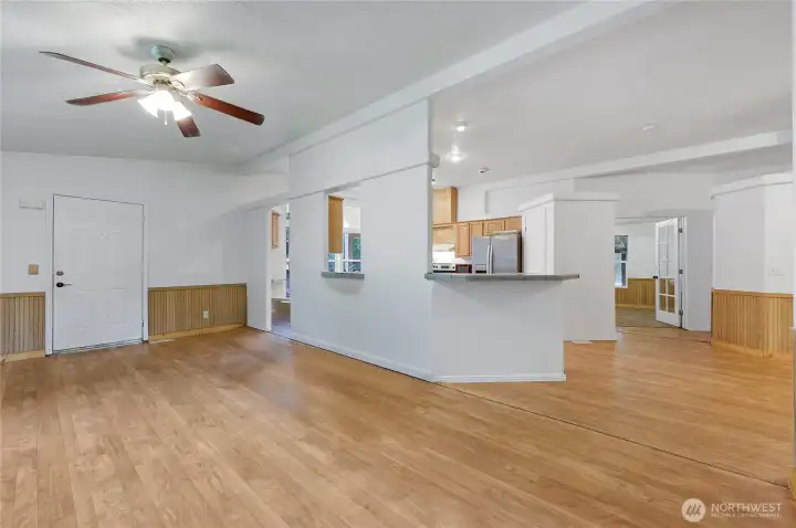 The living room and kitchen tie nicely together.