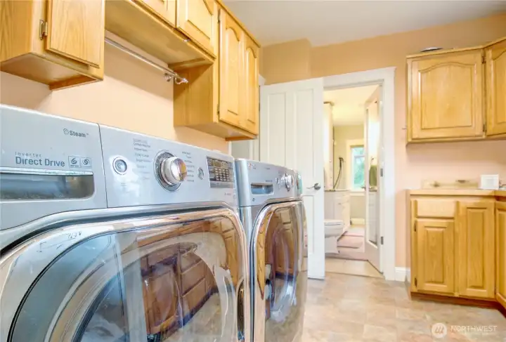 Primary bath opens to laundry room for convivence.