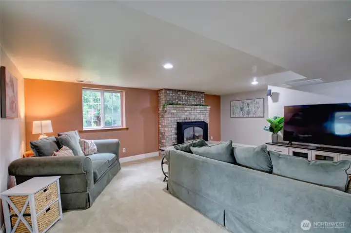 Lower level living room with gas fireplace.