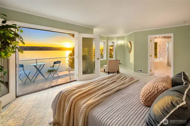 French Doors Open to a Private Deck with Sweeping Water Views