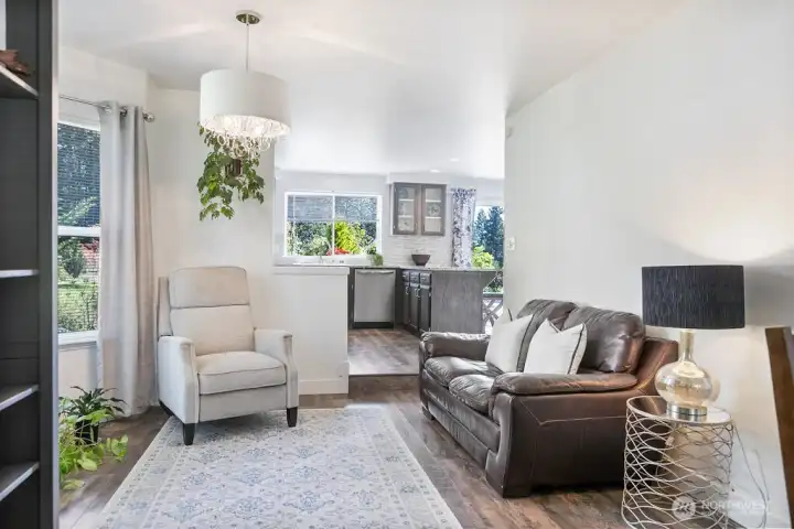 Greatroom opens into kitchen area