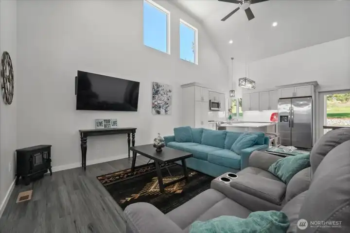 Open living  with vaulted ceilings