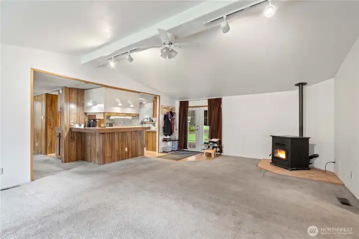 LIVING ROOM: Living Room w/Pellet Stove and Kitchen with Eating Bar