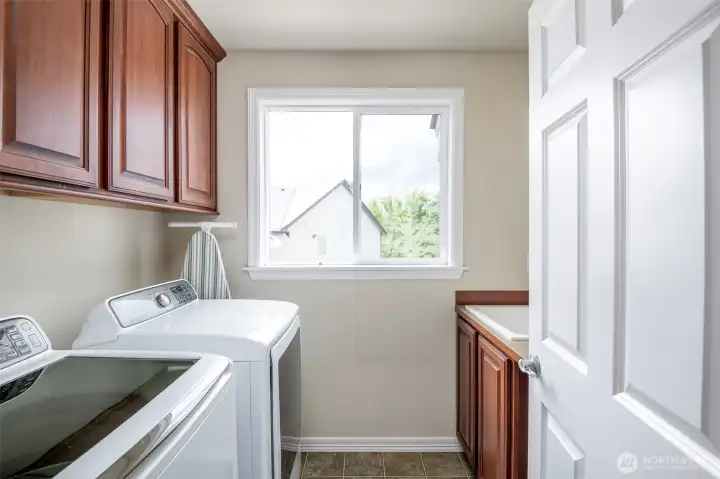 Upstairs utility room with sink and folding counter.