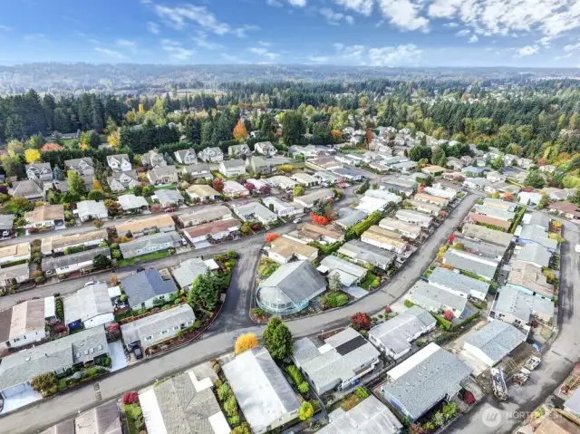 Aerial view of clubhouse and surrounding residents homes.