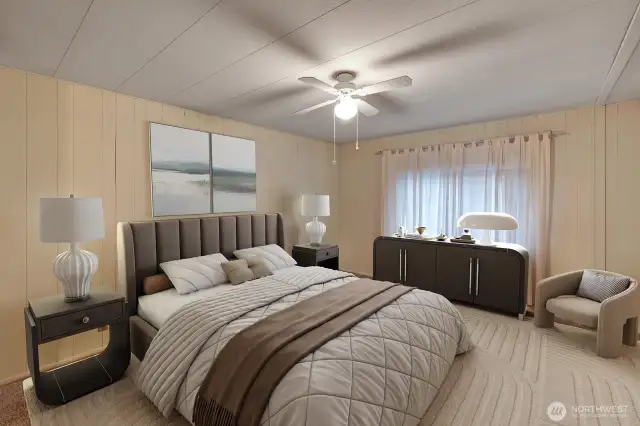 Generous sized primary bedroom is at the back of the home. Easily accommodate king bed and additional furniture. Large walk in closet for all his and her clothes, shoes etc.