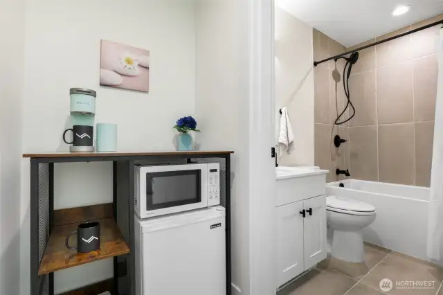 Microwave, mini-fridge, coffee-maker for private bedroom suite.