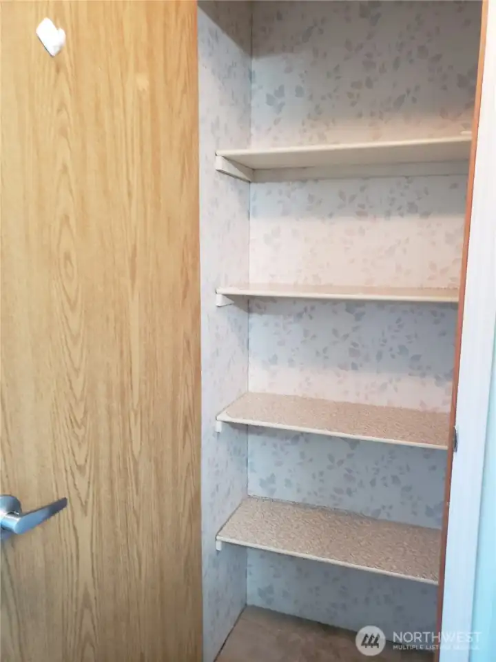 Picture of the Nice Size Primary Bath Showing 4 Shelf Linen Closet in the Bathroom.
