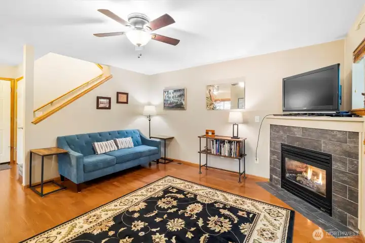 Living room with gas fireplace.