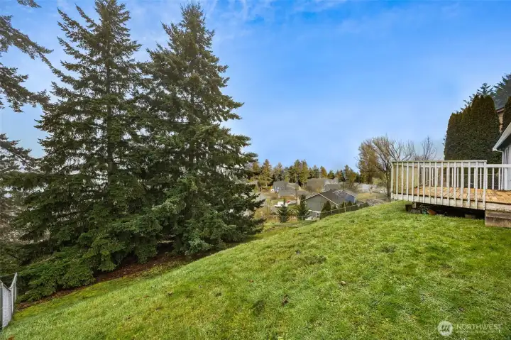 A backyard with a deck just off the kitchen/dining area offers a private territorial view and is exactly what you were asking for!