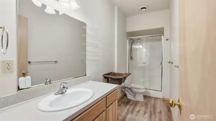 Convenient lower level bathroom with walk-in shower and easy-access layout.