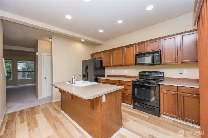 Kitchen side view looking into the living room