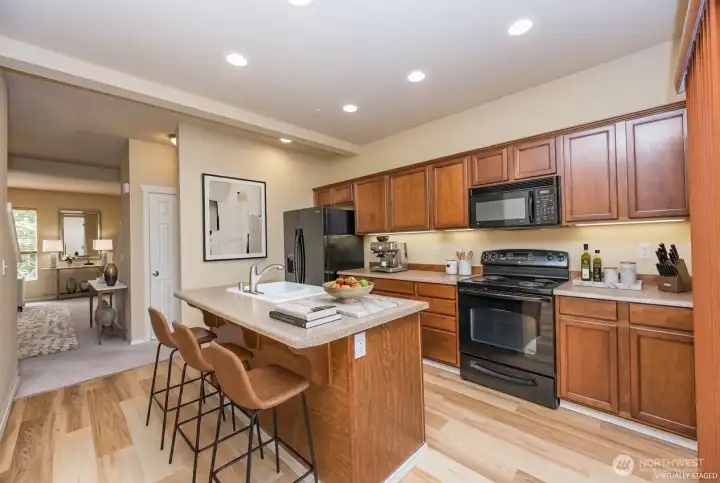 Kitchen side view looking into the living room