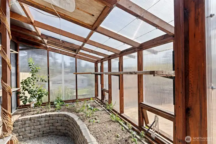 Greenhouse interior with adjustable shelves for custom gardening needs