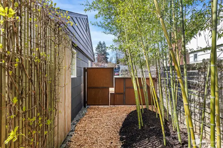 Custom metal gate with small square cut out "dog window" so puppers can see what's going on in the front yard :)