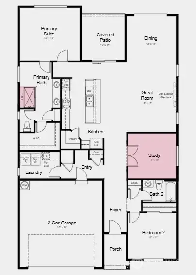 Additional Highlights Include: Electric fireplace, 8' interior doors, deluxe shower at primary bath, study in place of flex, and gas line for outdoor barbeque.