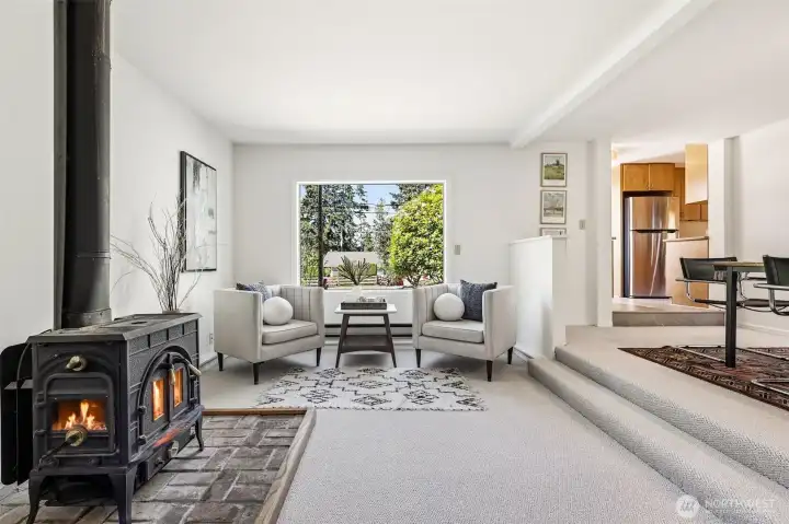 Great room with cozy Franklin stove and plenty of room to gather