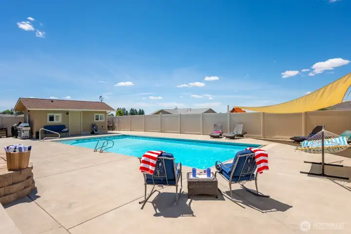 A view of the Pool House with a convenient 3/4 bathroom.
