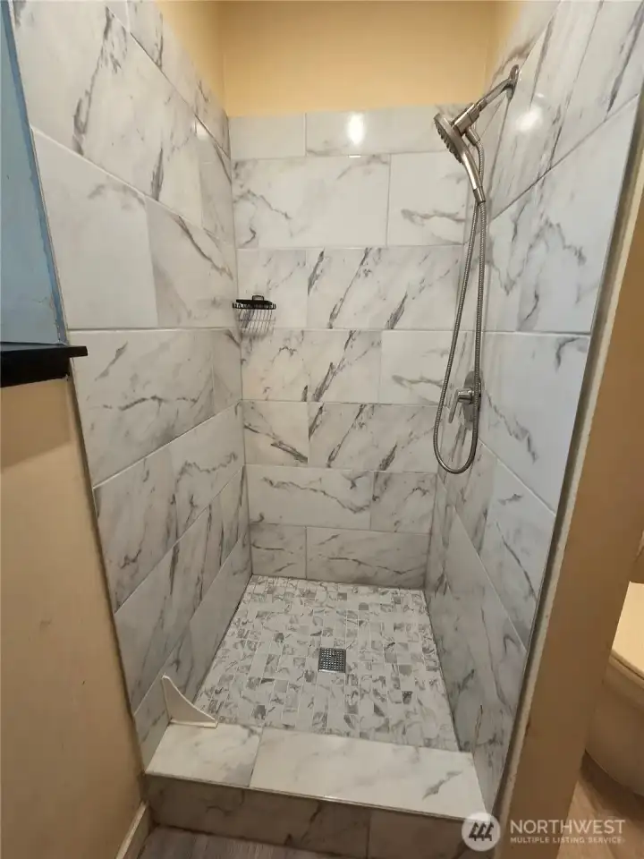 The shower is on the lower level.