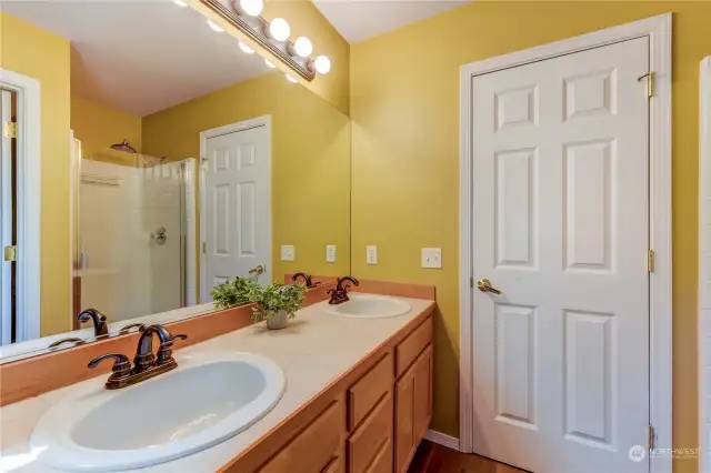 Primary bath is a 5-piece bath. There is a walk-in closet too!