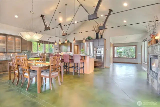 Kitchen and Dining Room with vaulted ceiling