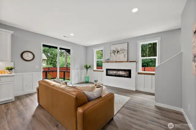 Linear Fireplace with Custom Live Edge Mantle!