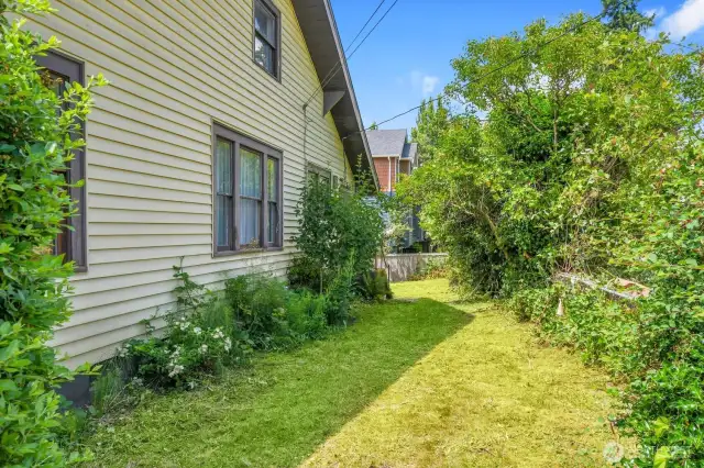 The east side of the property. There is a driveway to the right.